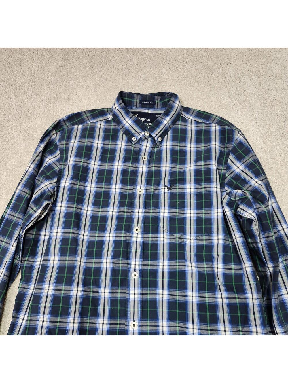 American Eagle Button Down Shirt Gray Blue White Plaid Long Sleeve Size Large - Picture 10 of 13